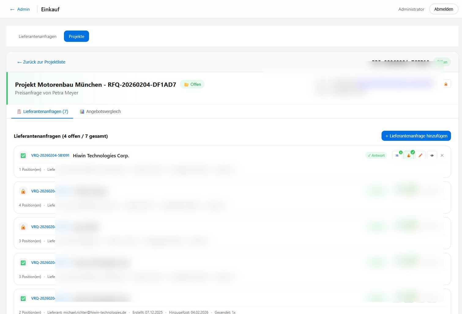 Einkaufs-Workspace mit Lieferanten und Anfrageübersicht